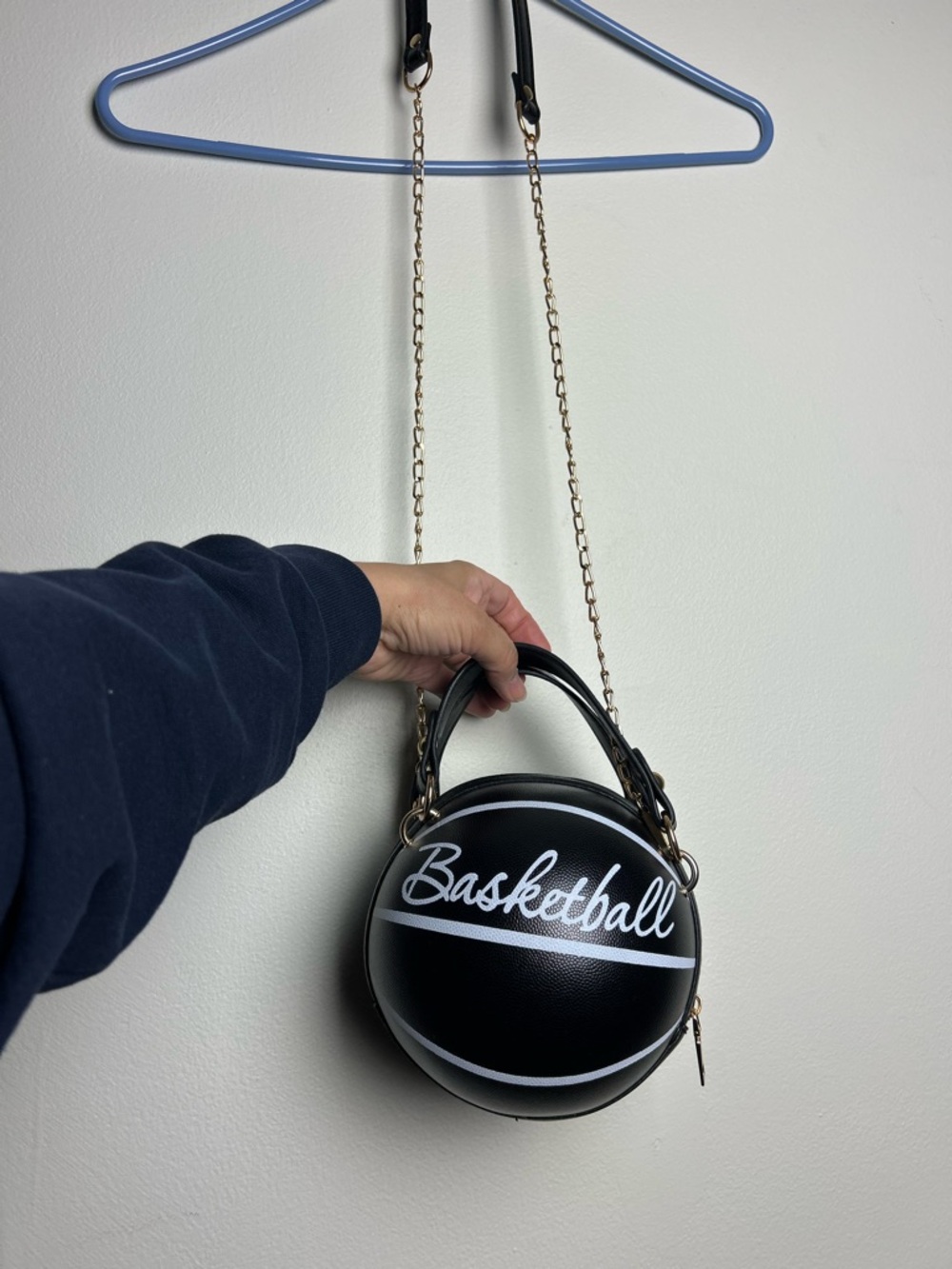 Black 'Basketball' Novelty Crossbody Bag with Gold Chain Strap - Picture 3 of 10